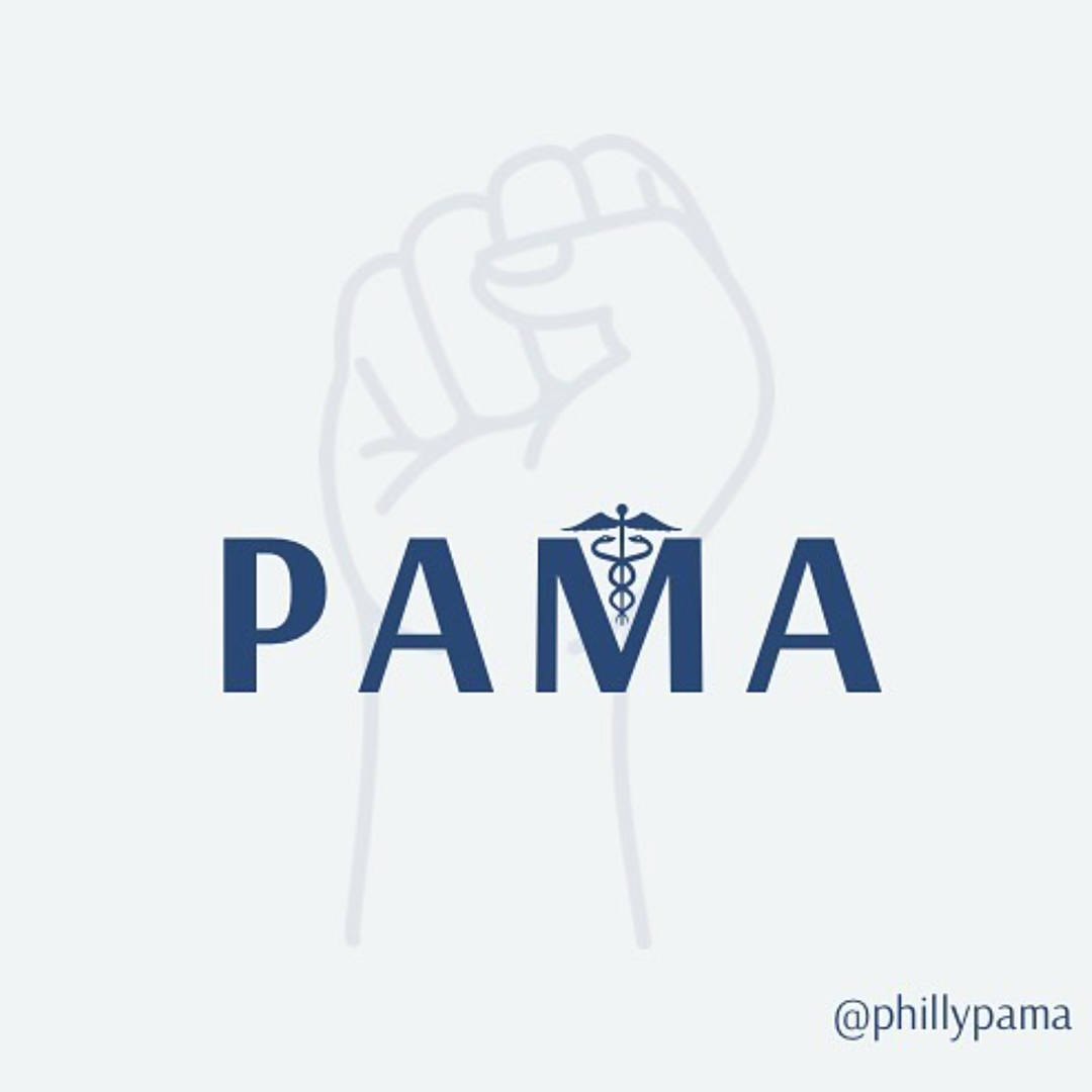 PAMA logo with light blue background, outline of a raised fist, and 'PAMA' written across